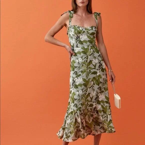Reformation Nikita Dress Tropical Green Floral Midi | SZ 0 - Picture 1 of 14